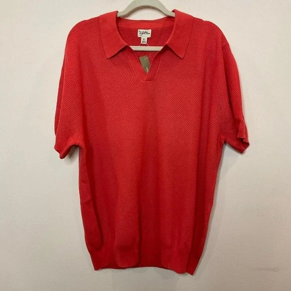 J. Crew Men's Red Short-sleeve cotton mesh-stitch johnny-collar sweater-polo NWT - Picture 2 of 7